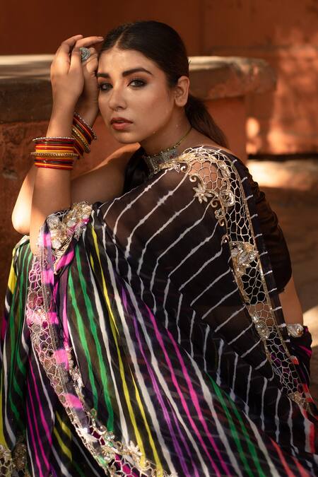 Buy Ruar India Black Pure Chiffon Zardozi Leheriya Saree With Blouse Online at Aza Fashions Buy_Ruar India_Black Pure Chiffon Zardozi Leheriya Saree With Blouse _Online_at_Aza_Fashions