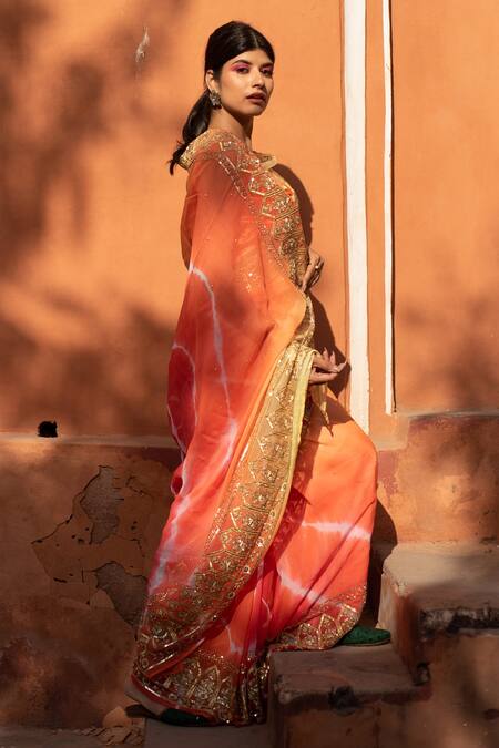 Ruar India Yellow Pure Chiffon Sikhiya Gota And Beads Leheriya Saree With Blouse Online at Aza Fashions Ruar India_Yellow Pure Chiffon Sikhiya Gota And Beads Leheriya Saree With Blouse _Online_at_Aza_Fashions