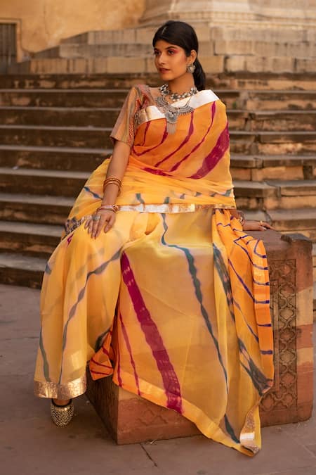 Shop Ruar India Yellow Pure Chiffon Gota Lappa Leheriya Border Saree With Blouse at Aza Fashions Shop_Ruar India_Yellow Pure Chiffon Gota Lappa Leheriya Border Saree With Blouse _at_Aza_Fashions