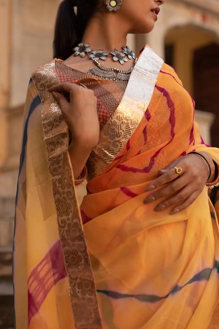Buy Ruar India Yellow Pure Chiffon Gota Lappa Leheriya Border Saree With Blouse Online at Aza Fashions Buy_Ruar India_Yellow Pure Chiffon Gota Lappa Leheriya Border Saree With Blouse _Online_at_Aza_Fashions