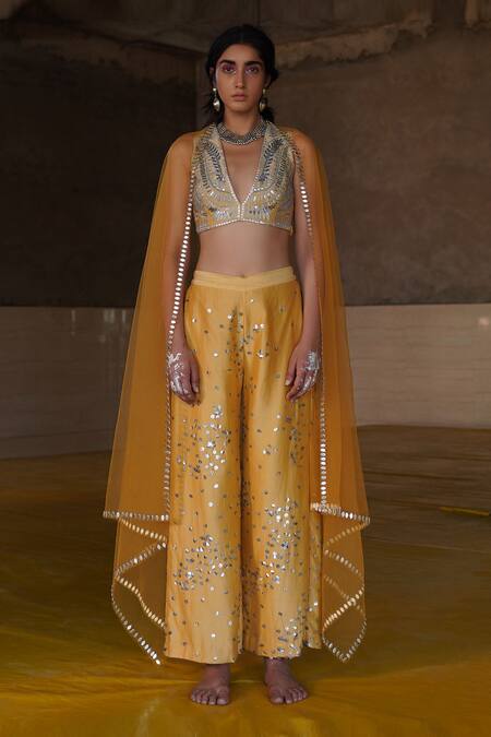 Buy_Saksham & Neharicka_Yellow Handwoven Chanderi V Neck Embroidered Blouse_Online_at_Aza_Fashions