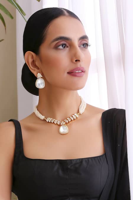 Shop Swabhimann Gold Plated Diamonds, Stones Kundan Polki Pendant Necklace Set at Aza Fashions Shop_Swabhimann_Gold Plated Diamonds, Stones Kundan Polki Pendant Necklace Set _at_Aza_Fashions