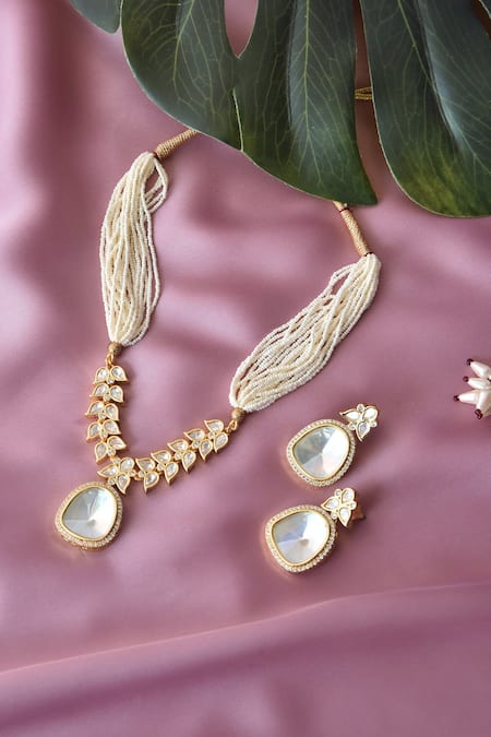 SWABHIMANN Gold Kundan Polki Pendant Necklace Set 