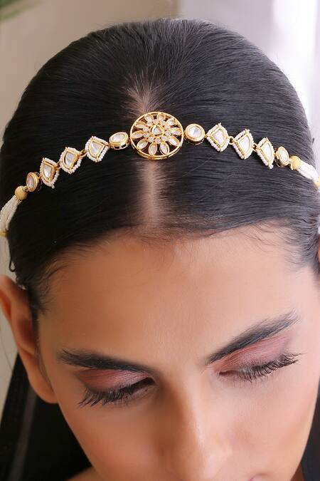 Swabhimann_Gold Plated Kundan Polki Mathapatti_Online_at_Aza_Fashions