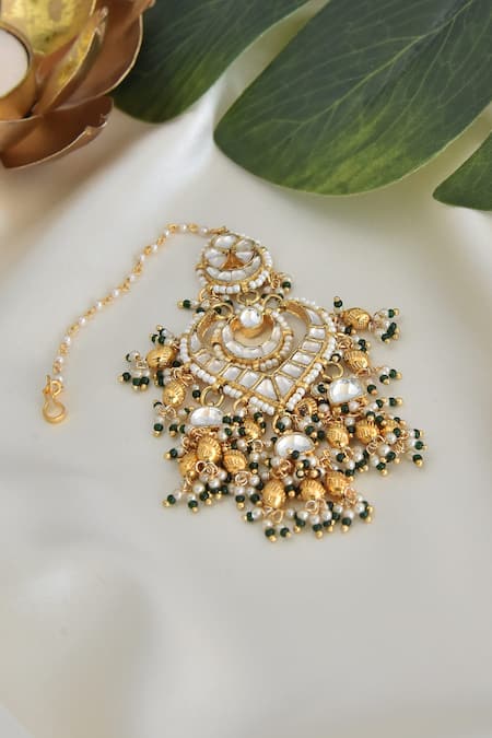 Shop_Swabhimann_White Kundan Stone Embellished Maangtikka _at_Aza_Fashions