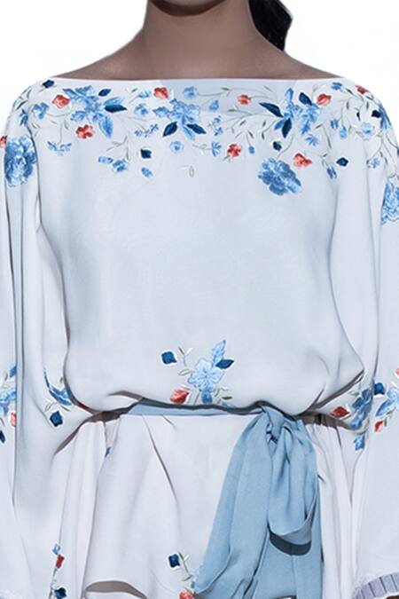 Buy_Shriya Som_White Georgette Boat Embroidered Kaftan Top  _Online_at_Aza_Fashions