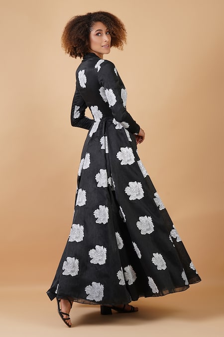 Buy_Samant Chauhan_Black Silk Lining Block Print Floral Motifs Flap Collar Gown _Online_at_Aza_Fashions