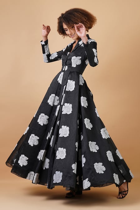 Shop_Samant Chauhan_Black Silk Lining Block Print Floral Motifs Flap Collar Gown _Online_at_Aza_Fashions