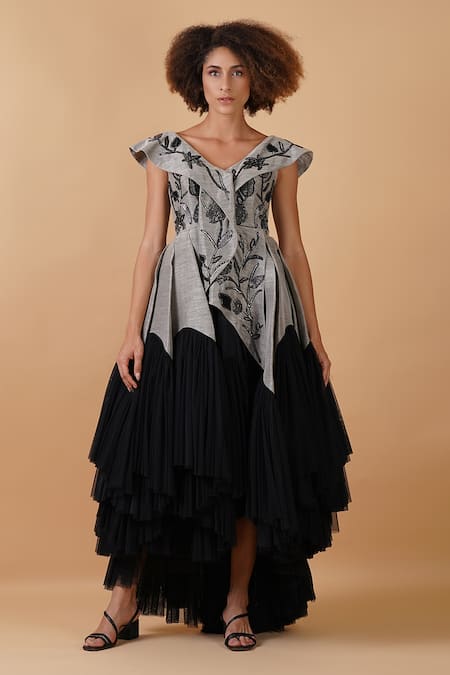 Samant Chauhan_Black Linen Silk And  Lining Embroidery V Neck Bodice Dress _Online_at_Aza_Fashions