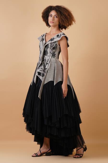 Buy_Samant Chauhan_Black Linen Silk And  Lining Embroidery V Neck Bodice Dress _Online_at_Aza_Fashions