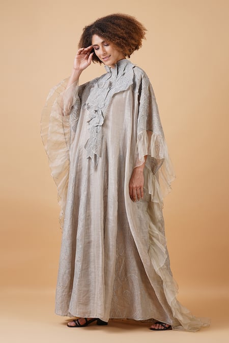 Samant Chauhan_Grey Linen Silk Lining Cotton Embroidery High Neck Kaftan Gown _Online_at_Aza_Fashions