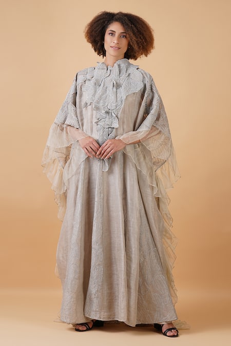 Buy_Samant Chauhan_Grey Linen Silk Lining Cotton Embroidery High Neck Kaftan Gown _Online_at_Aza_Fashions