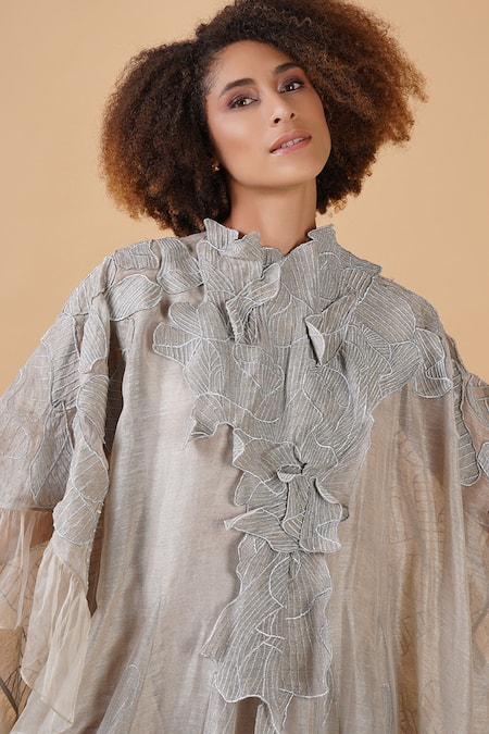 Shop_Samant Chauhan_Grey Linen Silk Lining Cotton Embroidery High Neck Kaftan Gown _Online_at_Aza_Fashions