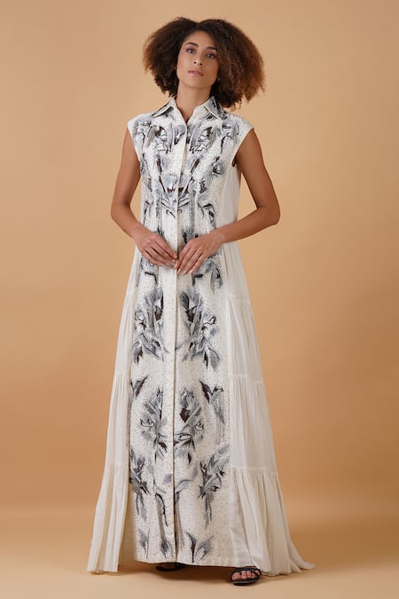 Buy_Samant Chauhan_Ivory Silk And  Lining Embroidery Spread Collar Tiered Gown _Online_at_Aza_Fashions