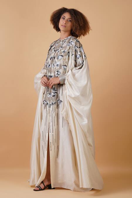 Samant Chauhan_Ivory Silk Lining Embroidery Thread And Sequin Round Kaftan Gown _Online_at_Aza_Fashions