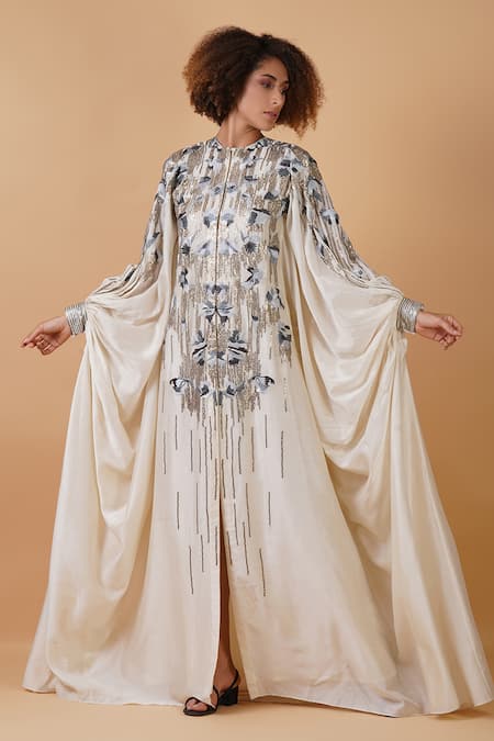 Buy_Samant Chauhan_Ivory Silk Lining Embroidery Thread And Sequin Round Kaftan Gown _Online_at_Aza_Fashions