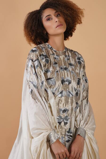 Shop_Samant Chauhan_Ivory Silk Lining Embroidery Thread And Sequin Round Kaftan Gown _Online_at_Aza_Fashions