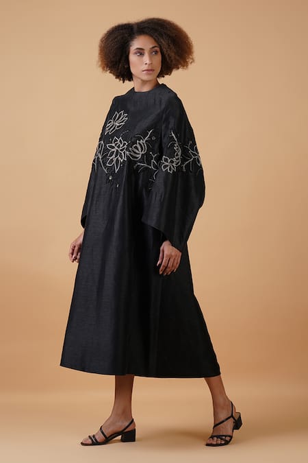 Shop_Samant Chauhan_Black Silk Lining Embroidery Zari Round Floral Dress _Online_at_Aza_Fashions