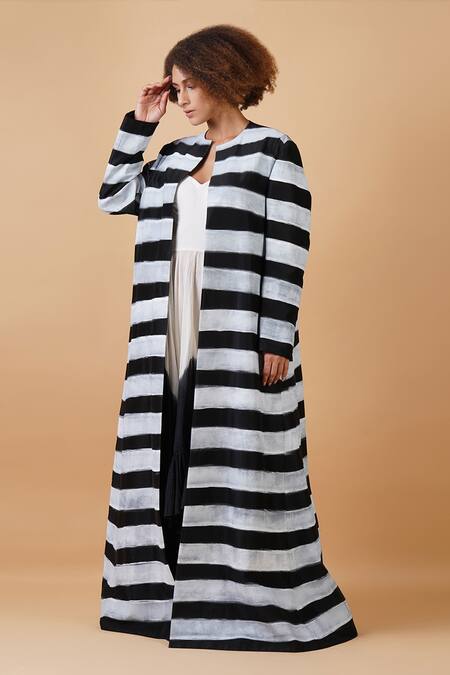 Buy_Samant Chauhan_Black Silk Lining Embroidery Stripe Print Jacket With Gown _Online_at_Aza_Fashions