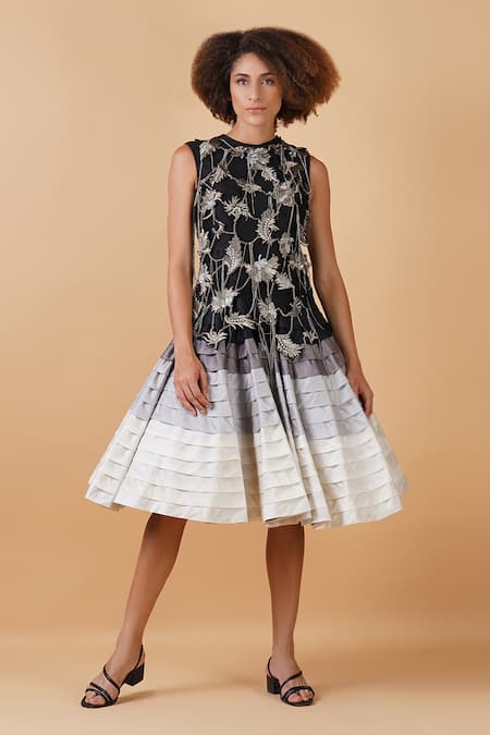 Buy_Samant Chauhan_Black Silk Lining Embroidery Zari Round A-line Dress _Online_at_Aza_Fashions