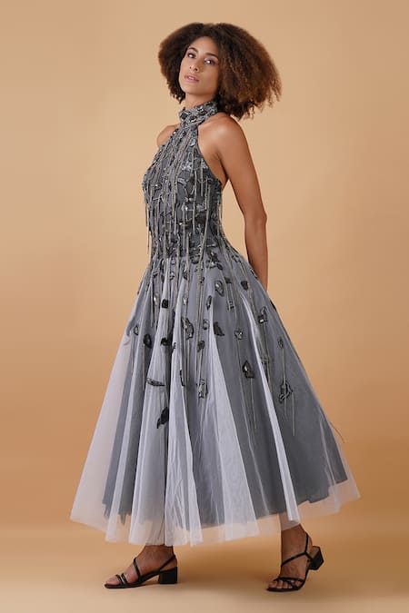 Samant Chauhan_Grey Net Lining Cotton Embroidery Zari Halter Neck Neckline Gown _Online_at_Aza_Fashions