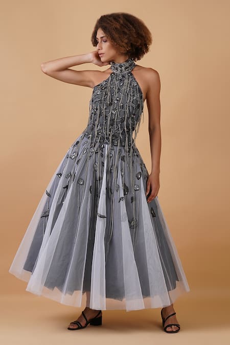Buy_Samant Chauhan_Grey Net Lining Cotton Embroidery Zari Halter Neck Neckline Gown _Online_at_Aza_Fashions