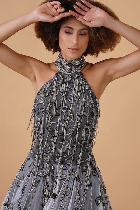 Shop_Samant Chauhan_Grey Net Lining Cotton Embroidery Zari Halter Neck Neckline Gown _Online_at_Aza_Fashions