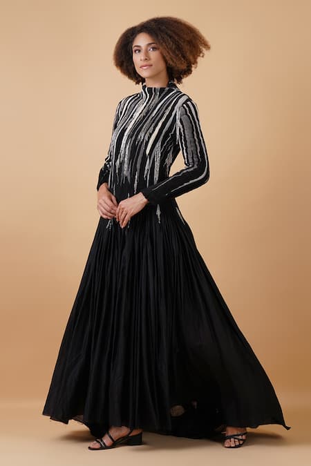 Samant Chauhan_Black Silk Lining Embroidery Zari High Neck Gown _Online_at_Aza_Fashions
