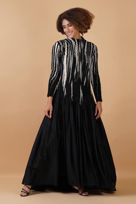 Buy_Samant Chauhan_Black Silk Lining Embroidery Zari High Neck Gown _Online_at_Aza_Fashions