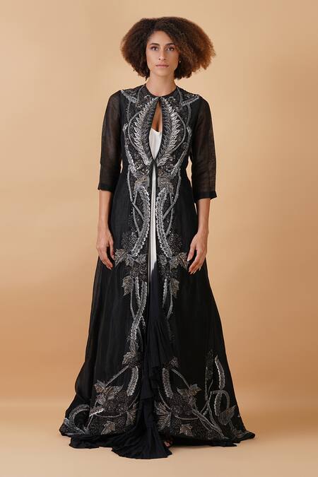 Buy_Samant Chauhan_Black Silk Lining Embroidery Zari Round Jacket And Strapless Gown _Online_at_Aza_Fashions