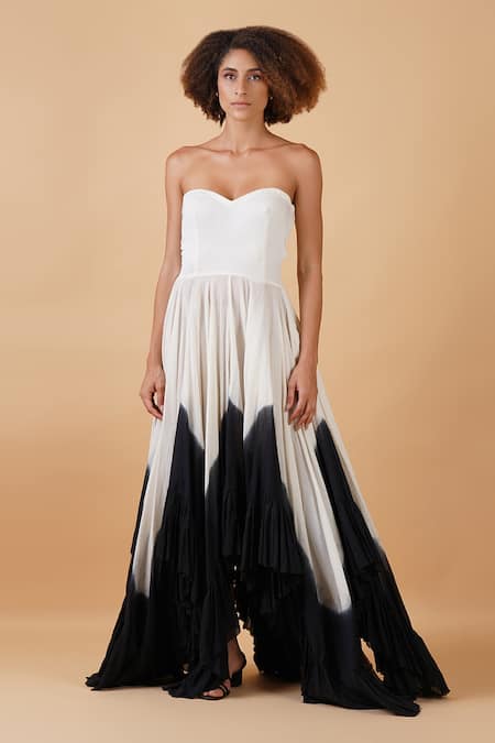 Shop_Samant Chauhan_Black Silk Lining Embroidery Zari Round Jacket And Strapless Gown _Online_at_Aza_Fashions