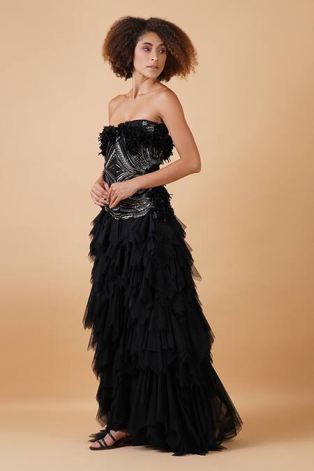 Buy_Samant Chauhan_Black Silk Lining Embroidery Zari Ruffle Strapless Gown _Online_at_Aza_Fashions