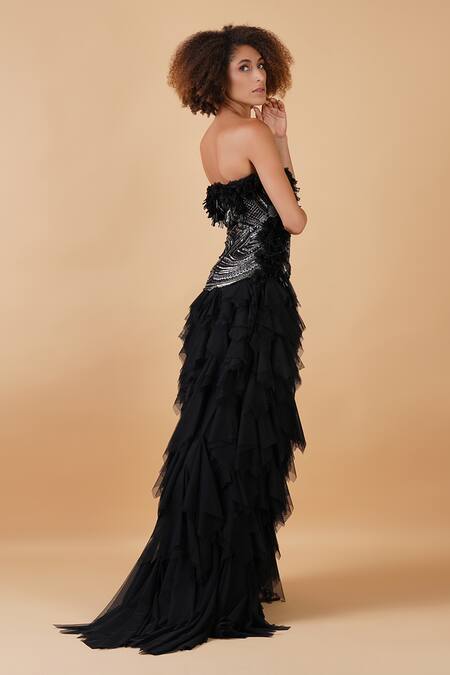 Shop_Samant Chauhan_Black Silk Lining Embroidery Zari Ruffle Strapless Gown _Online_at_Aza_Fashions
