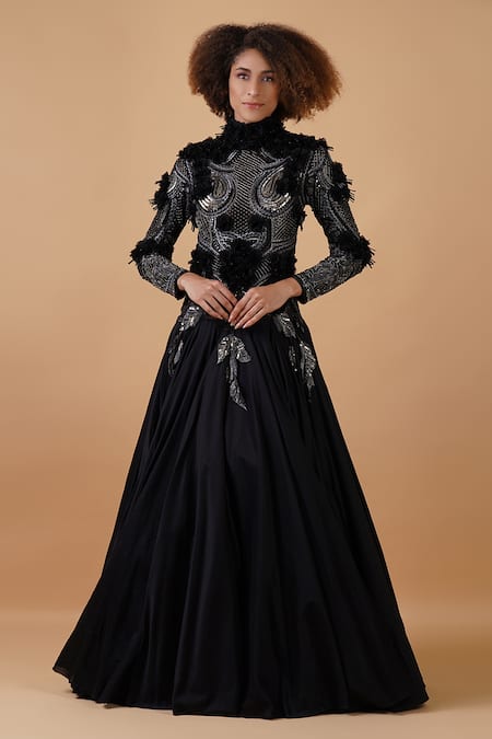 Buy_Samant Chauhan_Black Silk Lining Embroidery High Neck Gown _Online_at_Aza_Fashions