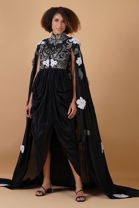 Samant Chauhan_Black Silk Lining Embroidery Zari Band Draped Dress _Online_at_Aza_Fashions