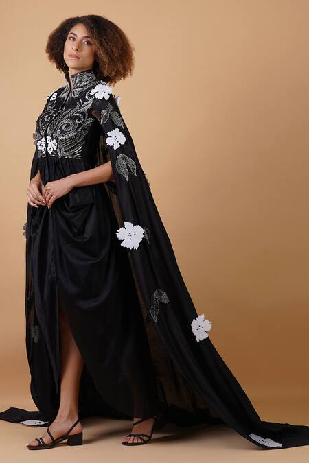 Buy_Samant Chauhan_Black Silk Lining Embroidery Zari Band Draped Dress _Online_at_Aza_Fashions