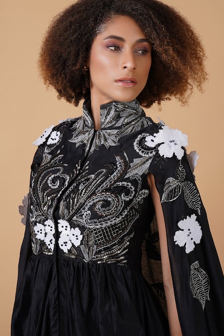 Shop_Samant Chauhan_Black Silk Lining Embroidery Zari Band Draped Dress _Online_at_Aza_Fashions