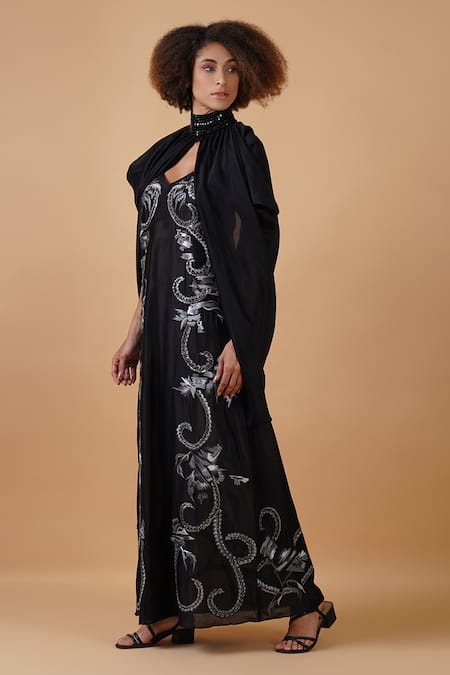 Samant Chauhan_Black Silk Lining Embroidery Zari High Neck Gown With Cape _Online_at_Aza_Fashions