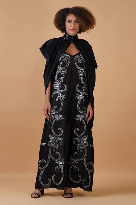 Buy_Samant Chauhan_Black Silk Lining Embroidery Zari High Neck Gown With Cape _Online_at_Aza_Fashions
