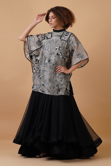 Shop_Samant Chauhan_Black Cotton Silk Embroidery Floral Round High Neck Kaftan _Online_at_Aza_Fashions