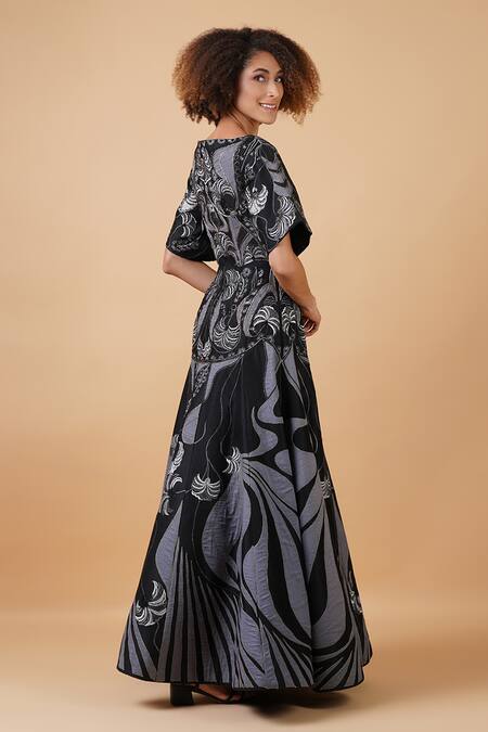 Samant Chauhan_Black Cotton Silk Embroidery Abstract Boat Neck Gown _Online_at_Aza_Fashions