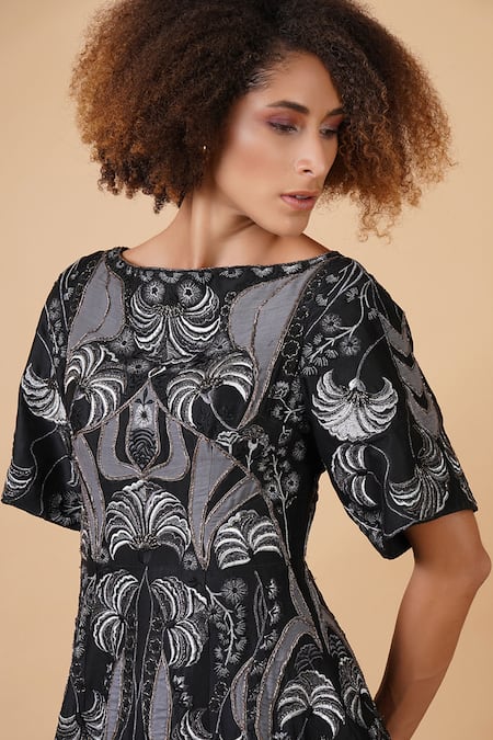 Samant Chauhan_Black Cotton Silk Embroidery Abstract Boat Neck Gown _at_Aza_Fashions