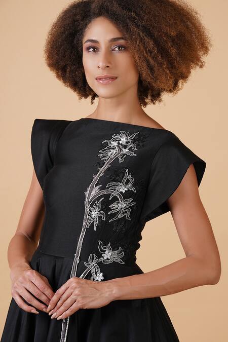 Shop_Samant Chauhan_Black Cotton Silk Embroidery Zari Boat Neck Dress _Online_at_Aza_Fashions