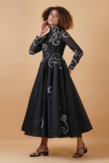 Samant Chauhan_Black Cotton Silk Embroidery Zari Round High Neck Dress _Online_at_Aza_Fashions
