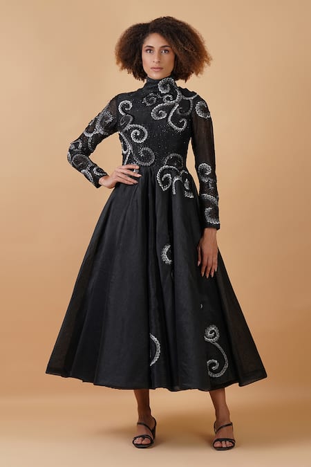Buy_Samant Chauhan_Black Cotton Silk Embroidery Zari Round High Neck Dress _Online_at_Aza_Fashions