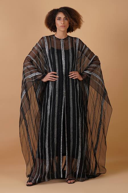 Samant Chauhan_Black Cotton Silk Embroidery Stripe Round Kaftan _Online_at_Aza_Fashions