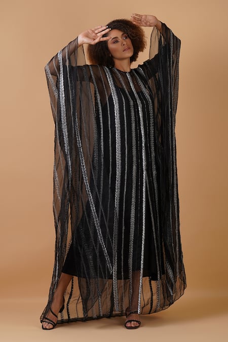 Buy_Samant Chauhan_Black Cotton Silk Embroidery Stripe Round Kaftan _Online_at_Aza_Fashions