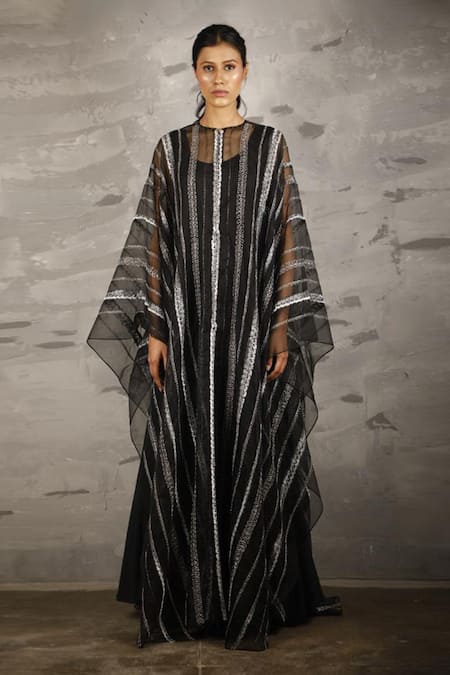 Shop_Samant Chauhan_Black Cotton Silk Embroidery Stripe Round Kaftan _Online_at_Aza_Fashions