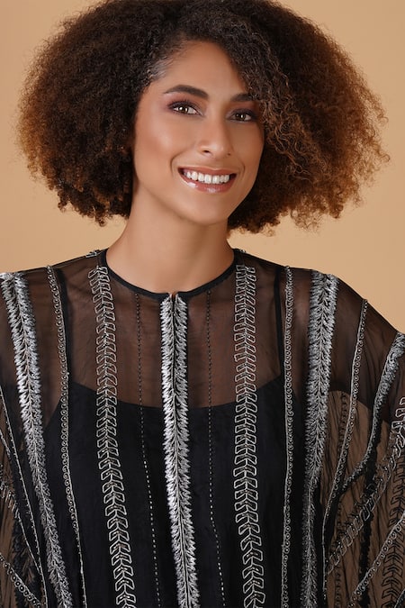 Samant Chauhan_Black Cotton Silk Embroidery Stripe Round Kaftan _at_Aza_Fashions