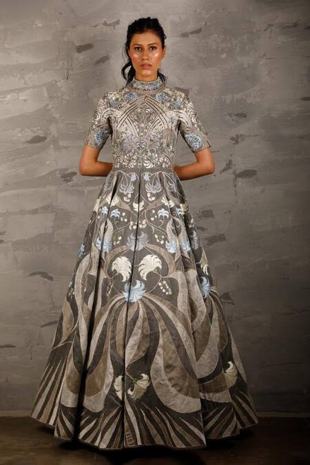 Samant Chauhan Grey Cotton Silk Embroidery Floral Round High Neck Gown Online at Aza Fashions Samant Chauhan_Grey Cotton Silk Embroidery Floral Round High Neck Gown _Online_at_Aza_Fashions